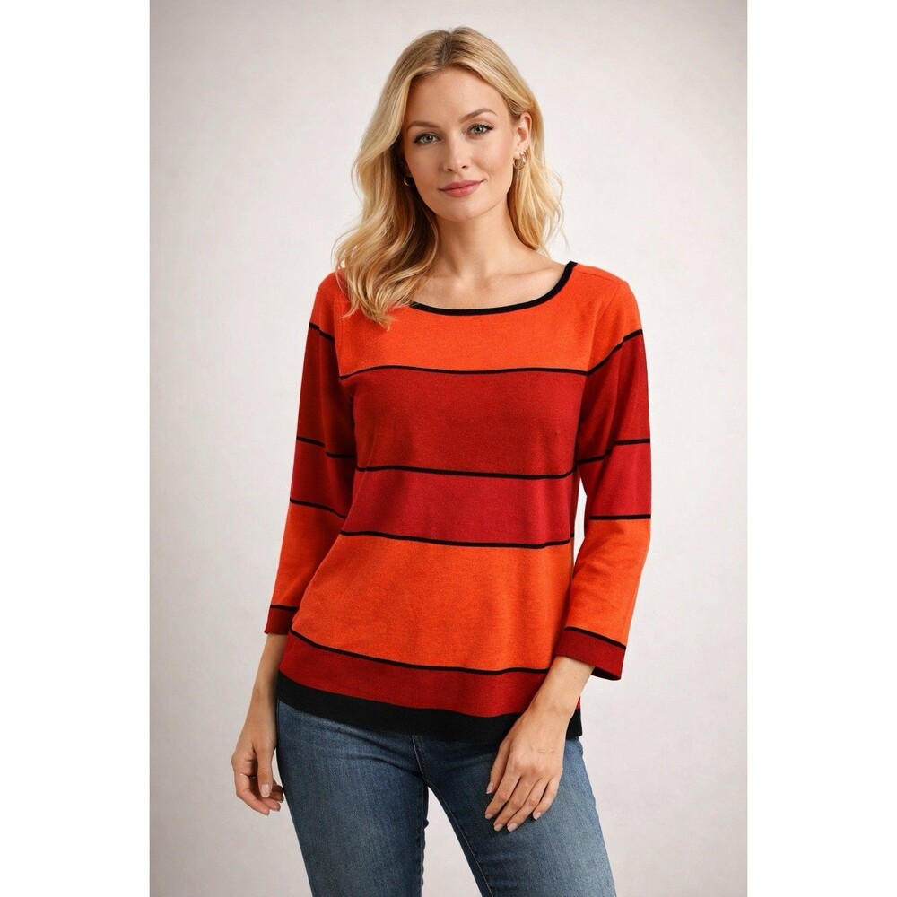 Grace Chic Red Black Striped Knit Top Women’s Lightweight 3/4 Sleeve Sweater L